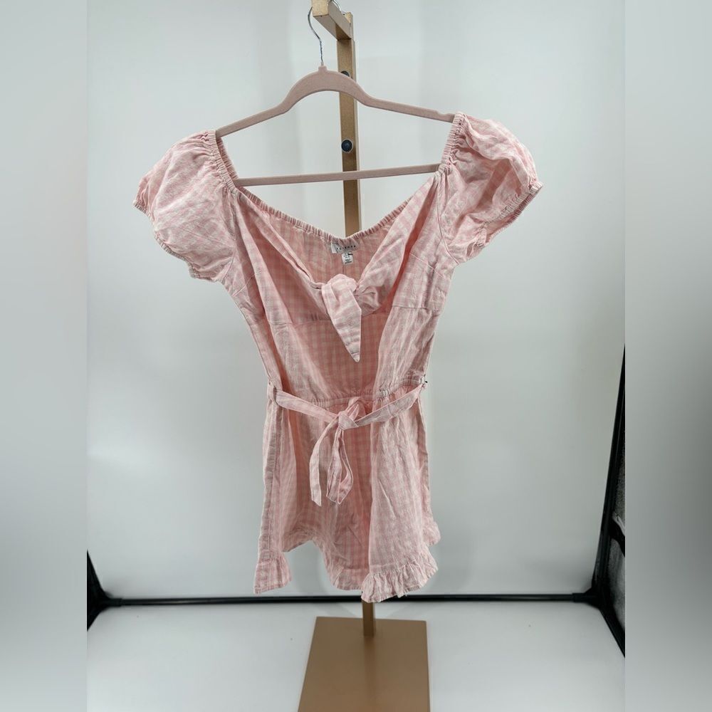 Topshop Gingham Romper Puff Sleeve Tie Waist NWT Size 14 Pink